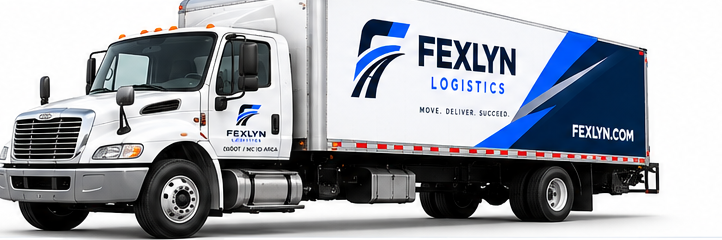 Fexlyn Logistics branded 26-foot box truck, three-quarter view